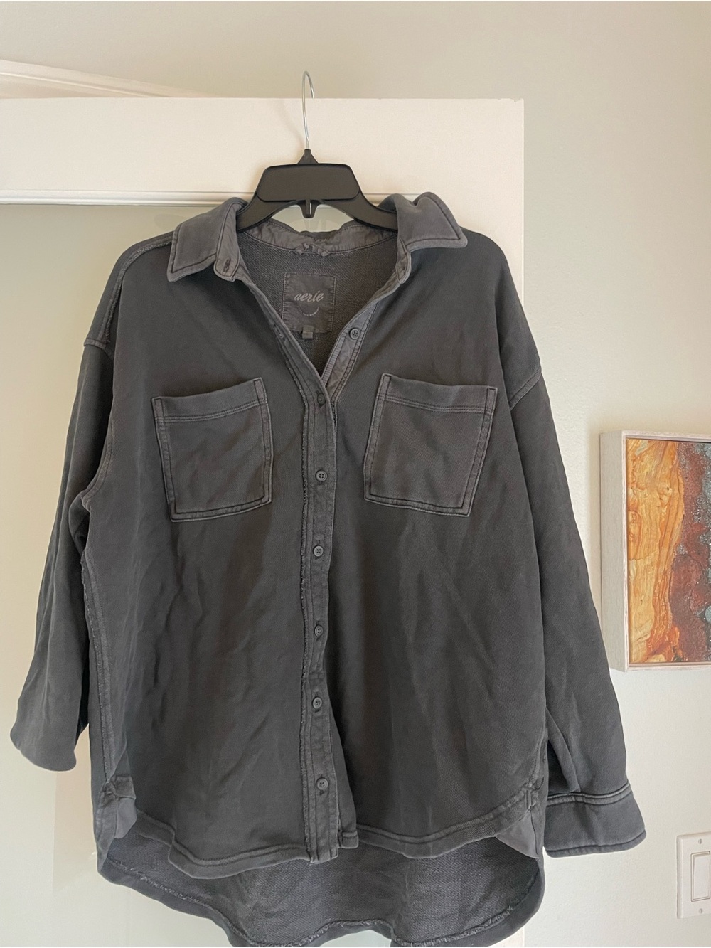 Aerie Shacket Women XS Dark Gray Terry Lined Lumber Jane Button Down Oversized